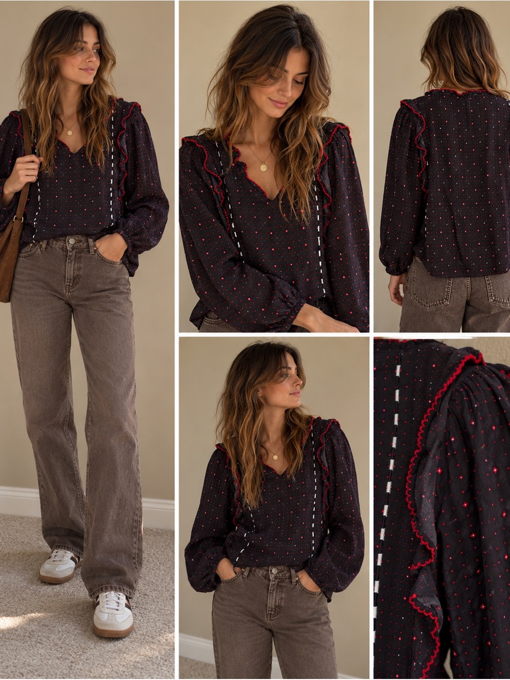 Anthropologie Dolan Polka Dot Embroidered Ruffle Peasant Blouse Navy Large